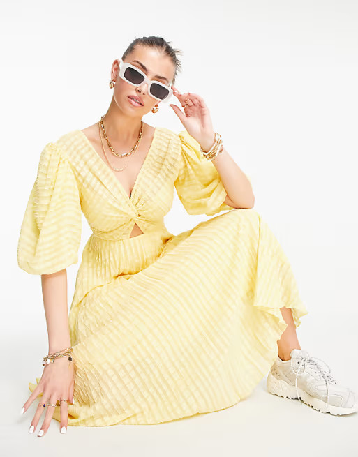 ASOS DESIGN twist front pleated midi skater dress in textured in lemon yellow | ASOS (Global)