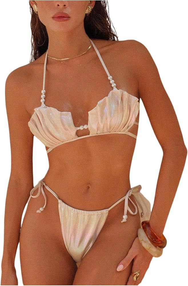 SHENHE Women's String Bikini Set Shiny Pearl Seashell Top Side Tie Halter Swimsuits 2 Piece | Amazon (US)