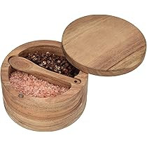 Acacia Wood Salt and Pepper Cellar with Swivel Magnetic Lid Serving Spoon inside 2-Compartment for S | Amazon (US)