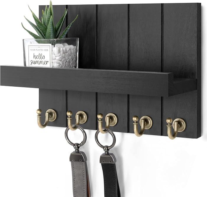 Key Holder Wall Mount with Shelf &Hooks for Living Room, Black | Amazon (US)