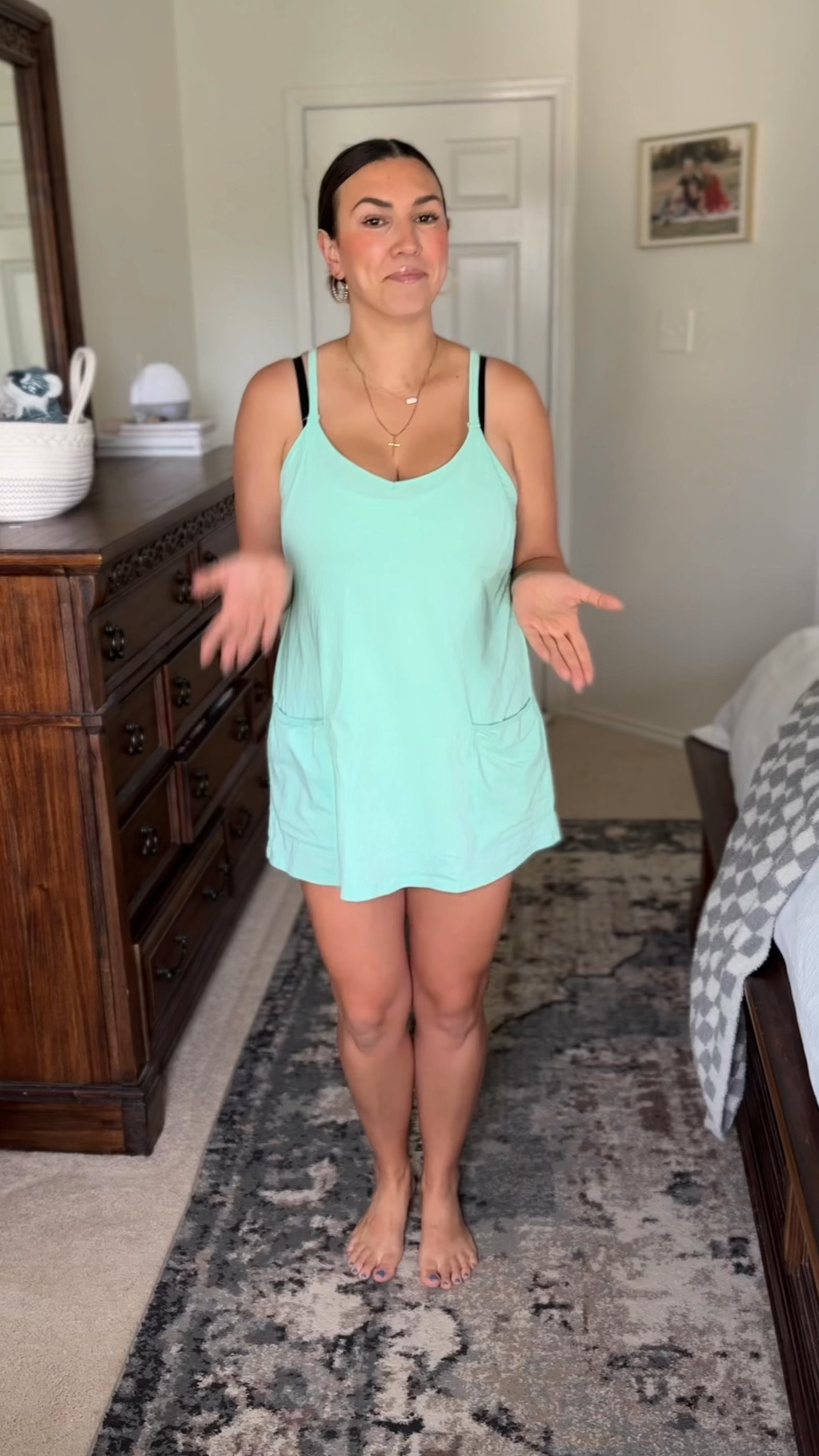 Green - Amazon dress, large 
Pink - free people dress, large 

And my opinion, the free people one is a bit more comfortable because it’s looser and a tiny bit longer. The lining also does not stretch out over the day! But overall, the Amazon one is a great alternative for the price!!!! 

Amazon find
Free people find
Dupe

#LTKFindsUnder100 #LTKMidsize #LTKFindsUnder50