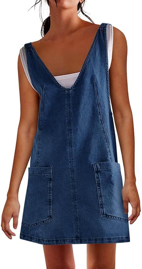 PLNOTME Womens Sleeveless Denim Overall Dress V Neck Summer Mini Jean Dress with Pockets | Amazon (US)
