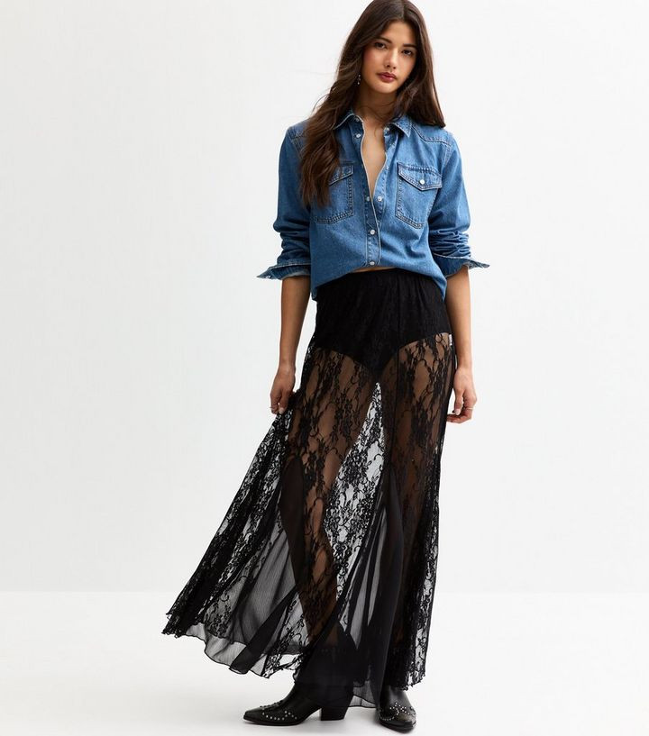 Black Lace Godet Sheer Midi Skirt | New Look | New Look (UK)