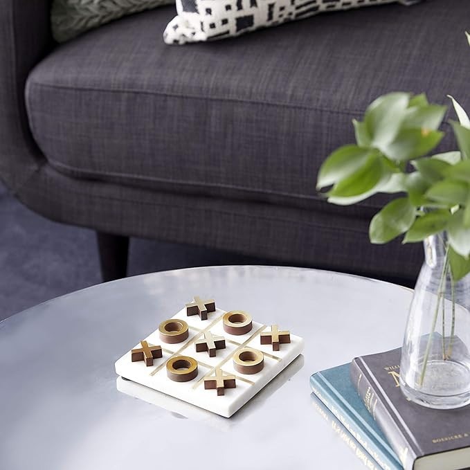 Deco 79 Marble Tic Tac Toe Game Set with Gold Inlay and Wood Pieces, 6" x 6" x 1", White | Amazon (US)