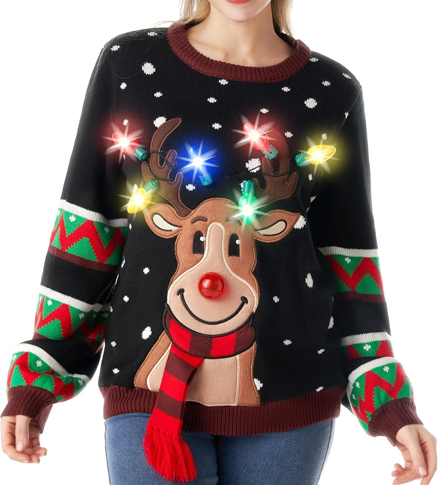 JOYIN Womens LED Light Up Christmas Sweater, Reindeer Christmas Ugly Sweater with Light Bulbs | Amazon (US)