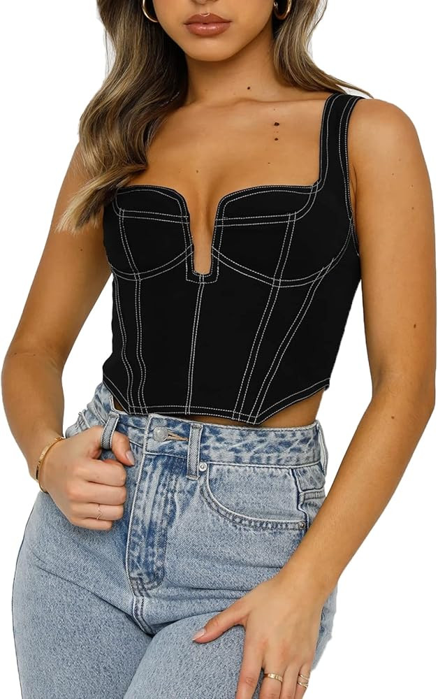 Deep V Neck Sleeveless Corset Corp Top Bustier Y2K Denim Zip Back Coconut Girl Cottagecore Aesthe... | Amazon (US)