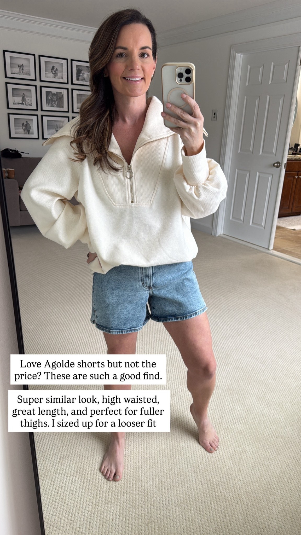 Love Agolde shorts but not the price? These are such a good find.
Super similar look, high waisted, great length, and perfect for fuller thighs. I sized up for a looser fit.