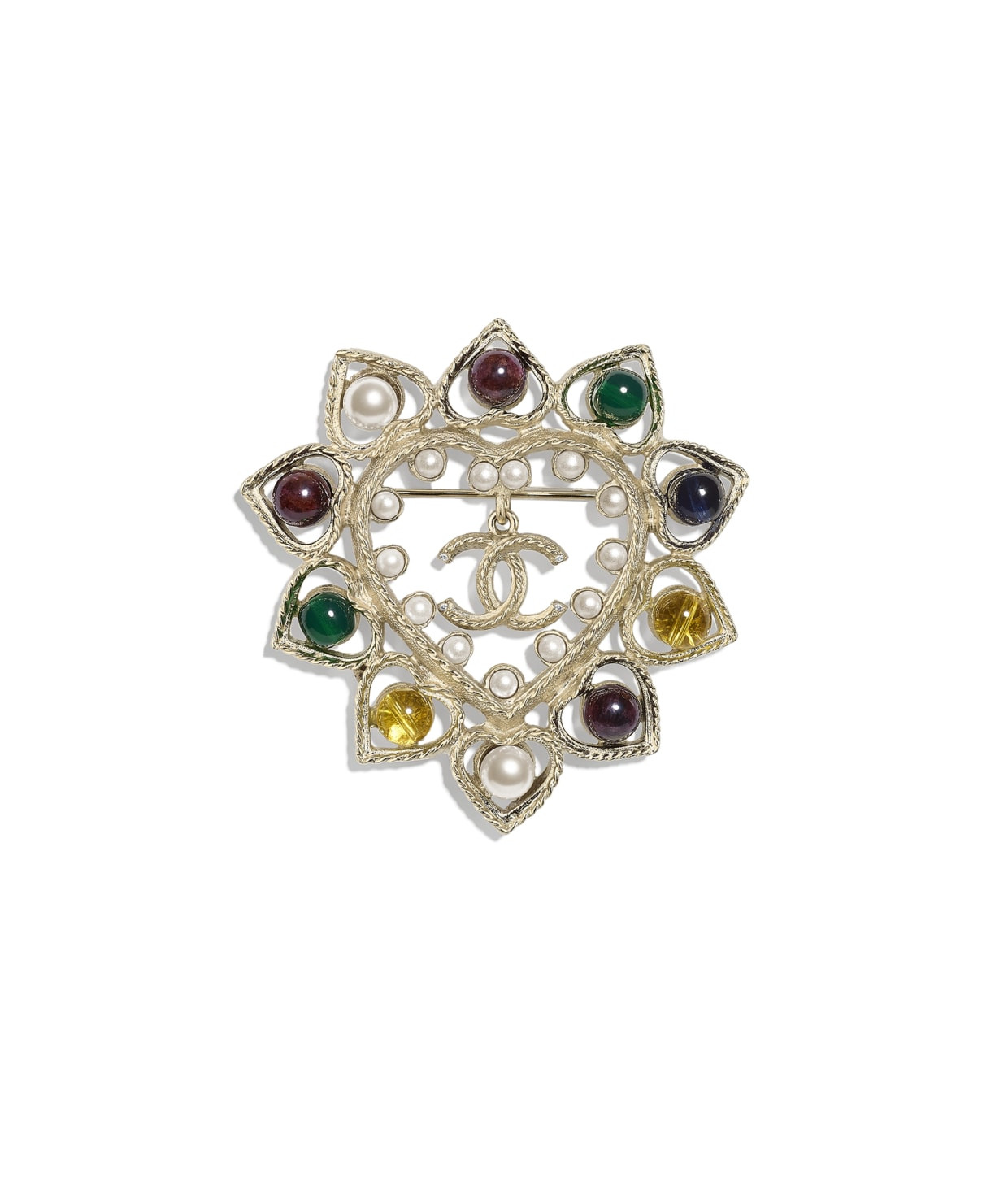 Metal, Natural Stones, Glass Pearls   Strass Gold, Pearly White   Multicolor Brooch | CHANEL | Chanel, Inc. (US)