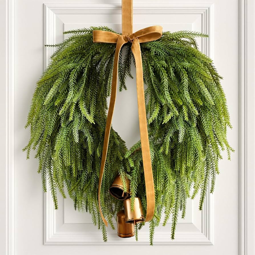 24" Christmas Wreaths Front Door Norfolk Pine Wreath with Bow Bells | Amazon (US)