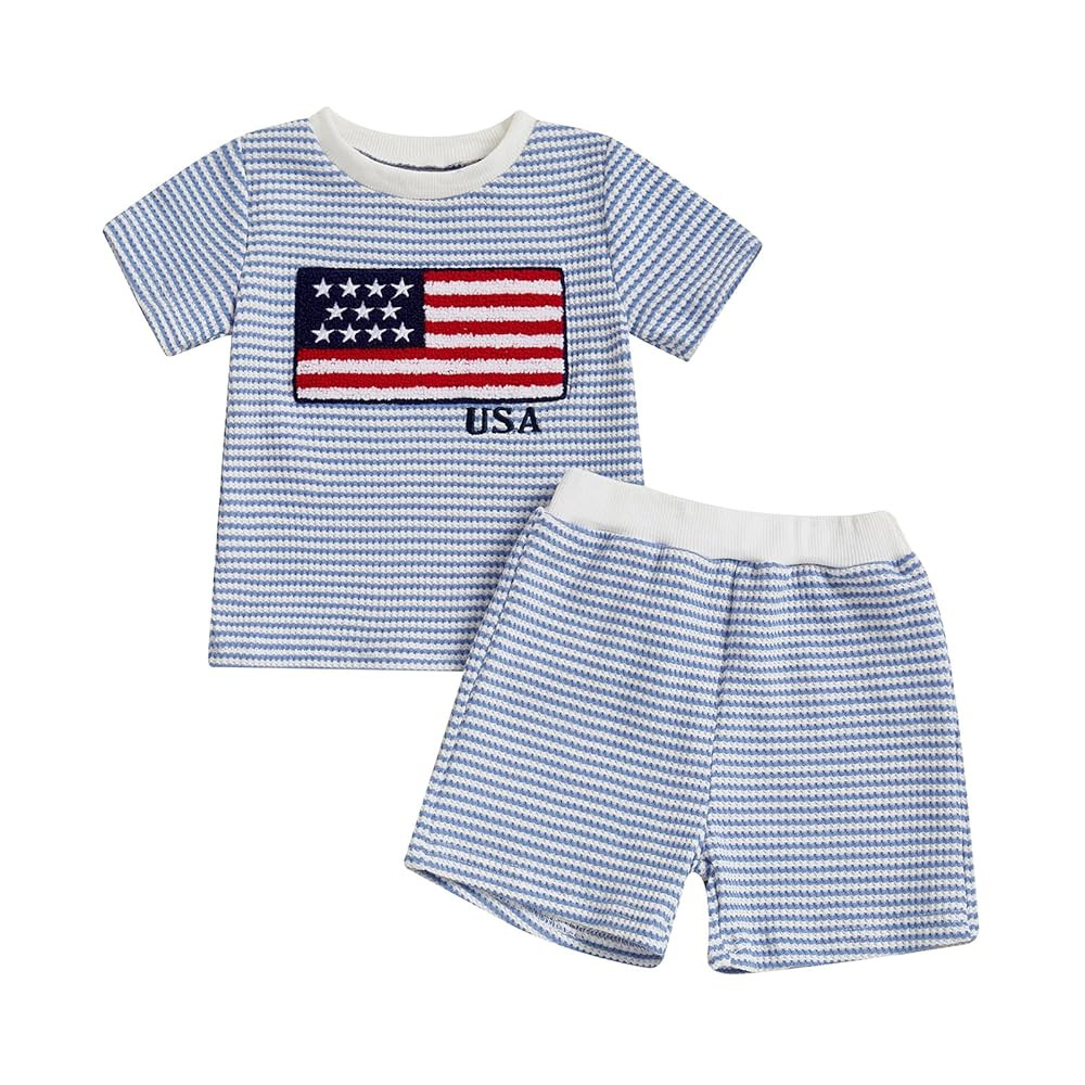 Toddler Baby Boy 4th of July Outfit USA Flag Embroidery Striped Waffle Knit T-Shirt and Shorts Se... | Amazon (US)