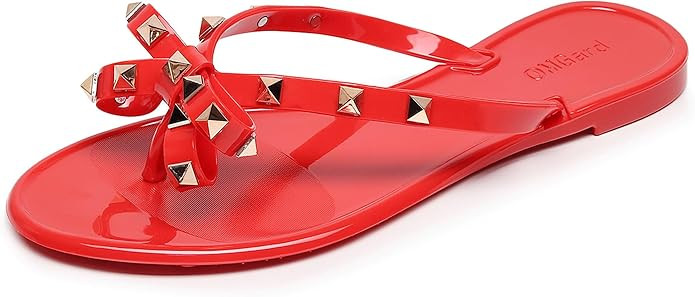 Studded Jelly Shoes for Womens Bow Flip Flops Jellies Sandals Flat Black Summer Beach Thong with ... | Amazon (US)