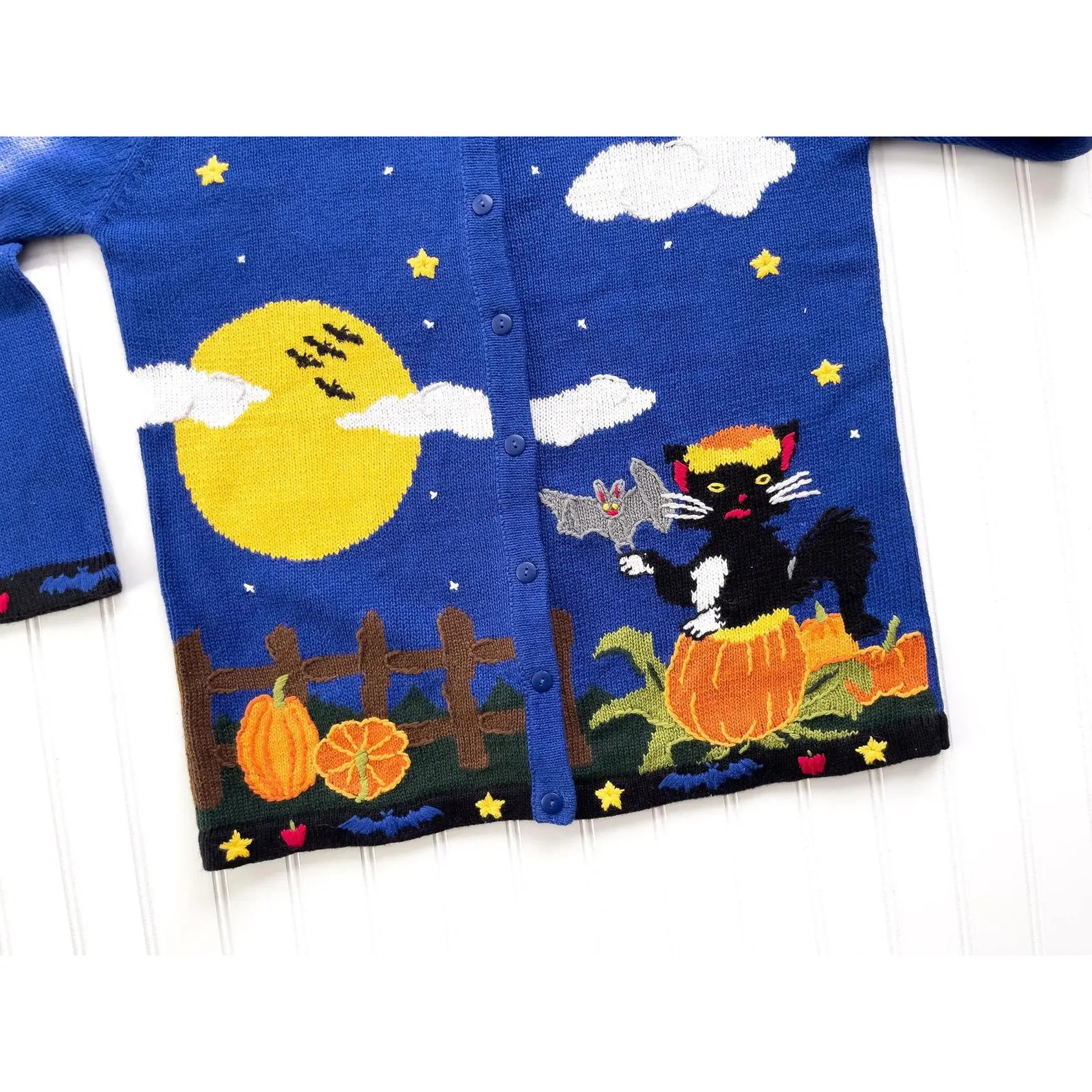 vtg Quacker Factory Halloween black cat bats moon cardigan sweater M | Etsy (US)
