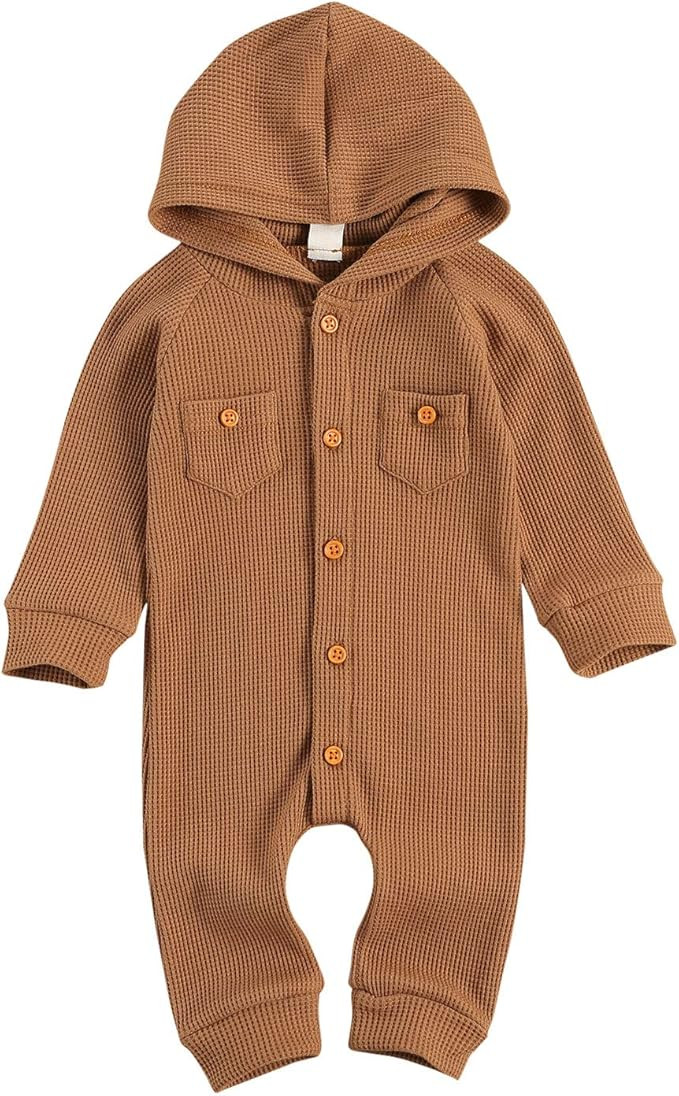 Ynibbim Winter Newborn Baby Boy Girl Solid Romper Unisex Infants Hooded Outfit Clothes Waffle Cot... | Amazon (US)