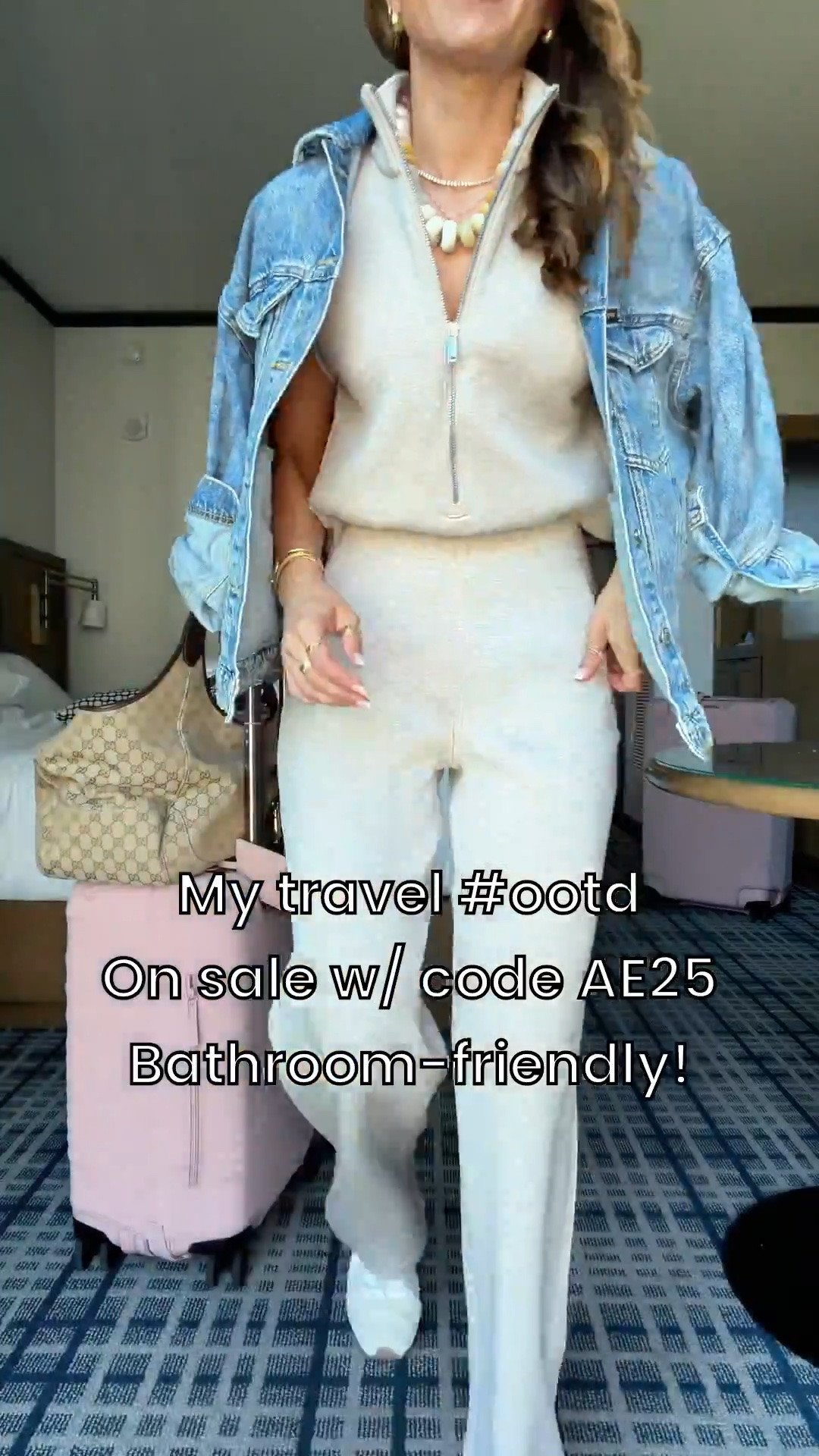 New bathroom, friendly jumpsuits that are currently on sale with code AE25. This is a new style and it fits like a dream. Wearing XS petite. Travel outfit. Airport outfit. Travel necessities. Travel must haves. XS in slouchy denim jacket. Sneakers mules are TTS. 

#LTKTravel #LTKgrwm #LTKootd

#LTKgrwm #LTKootd #LTKTravel