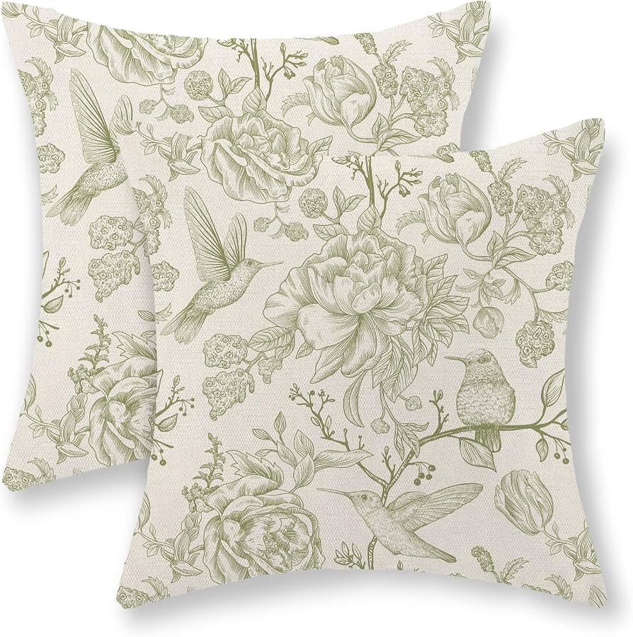 Sage Green Pillow Covers 18x18 Set of 2 Light Green Chinoiserie Bird Floral Throw Pillows Outdoor... | Amazon (US)