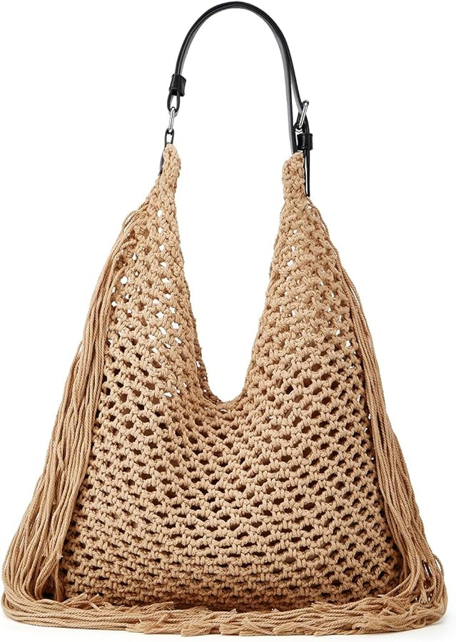 Summer Crochet Shoulder Bags for Women Fringe Hollow Woven Hobo Tote Handbag Large Fashion Travel... | Amazon (US)