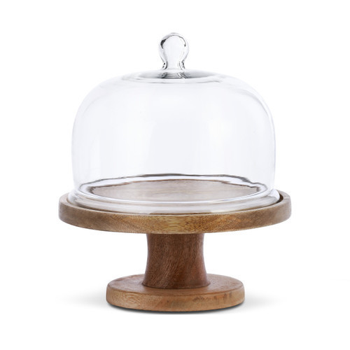 Cake Stand with Glass Cover Natural Wood Base | DEMDACO