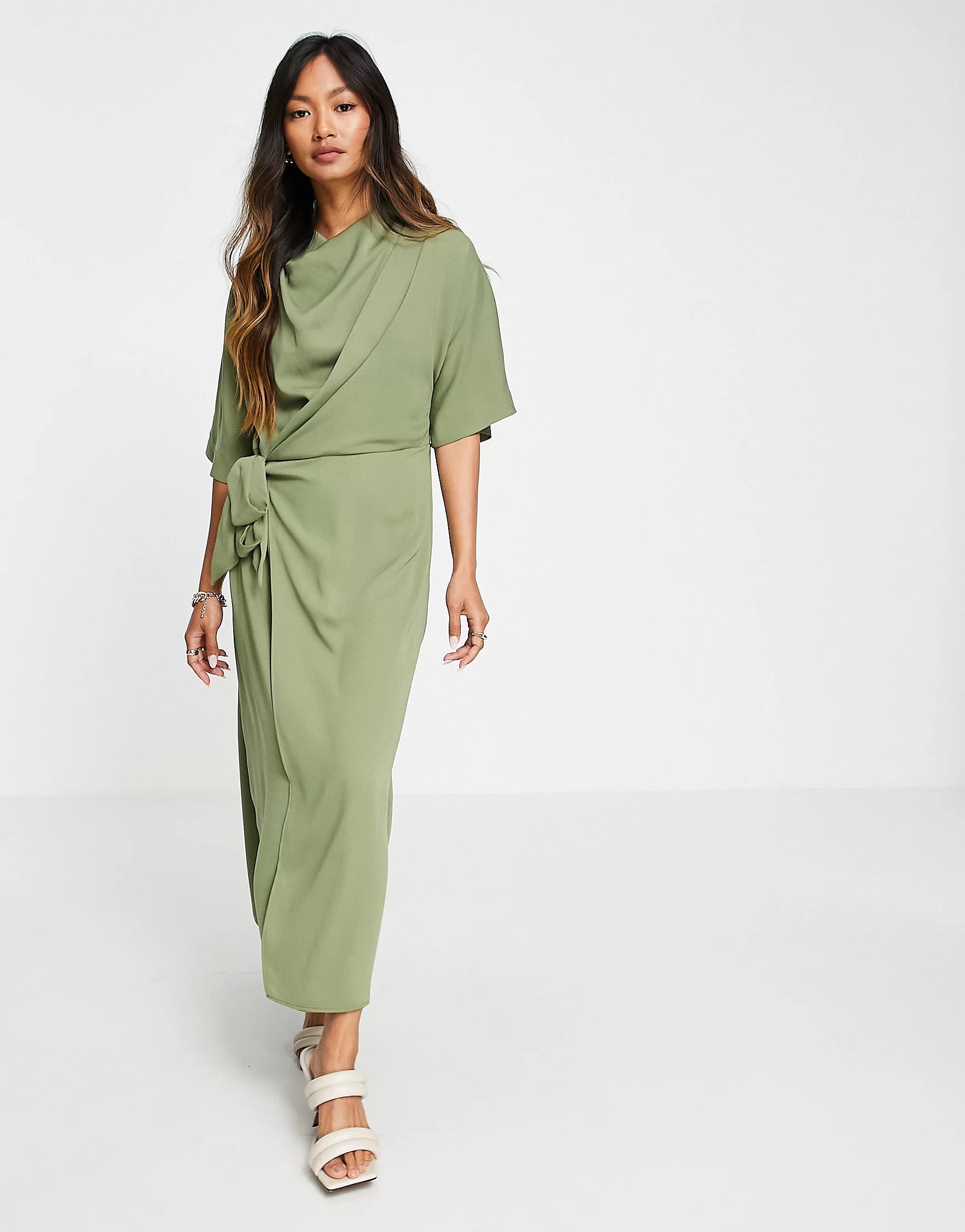 ASOS DESIGN cowl neck midi dress with wrap skirt in khaki | ASOS | ASOS (Global)