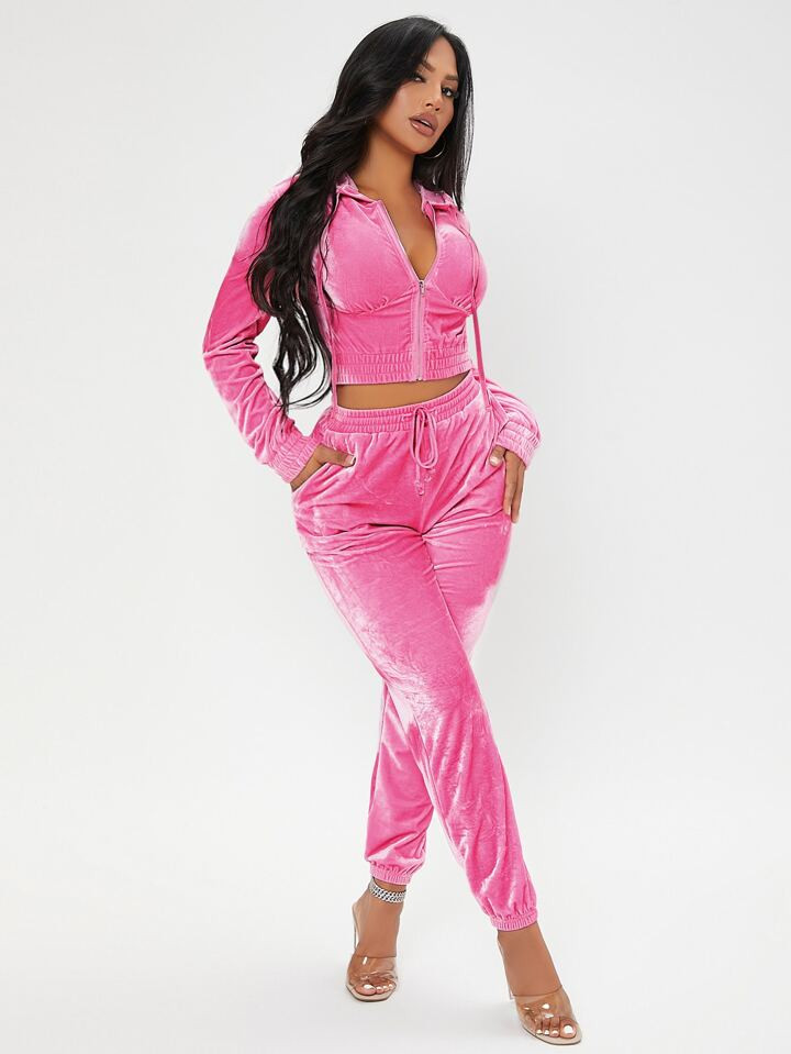 SHEIN SXY Zip Up Drawstring Velvet Hooded Jacket & Sweatpants | SHEIN