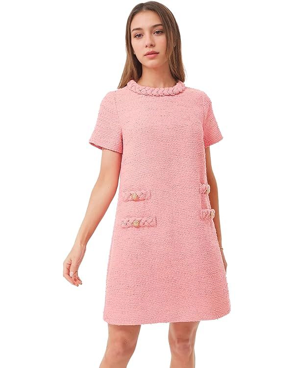 SeeLuNa Women's Tweed Dress Short Sleeve Crew Neck A-line Party Vintage Mini Skirt Causal Dresses | Amazon (US)