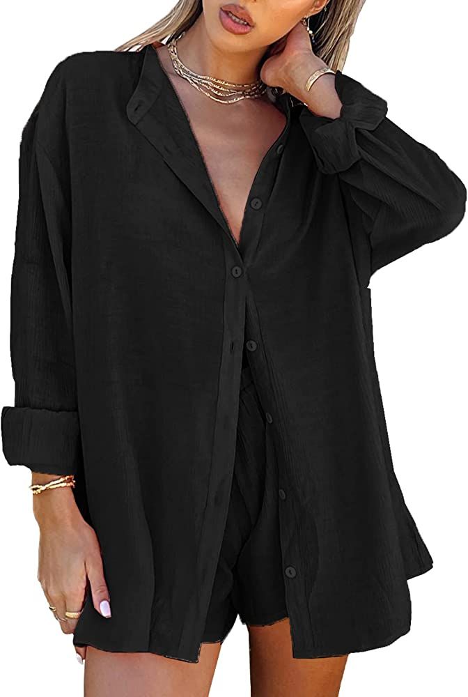 Seyumixi Women Casual 2 Piece Tracksuit Loose Button Blouse Shirt Top High Wasit Elastic Shorts S... | Amazon (US)