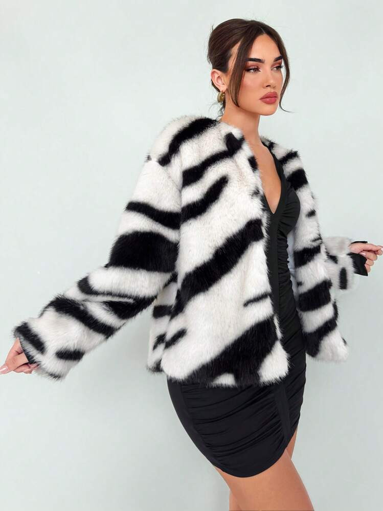 Aloruh Women's Fashionable Zebra Print Elegant Fluffy Casual Loose Retro Jacket, Autumn Winter Fur Coat | SHEIN