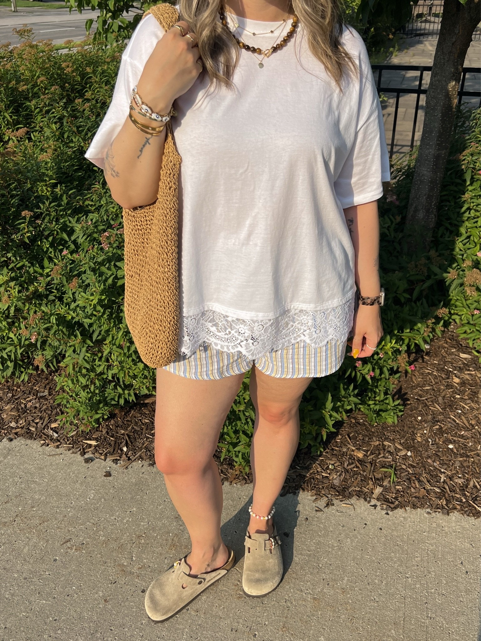 Comfy casual summer outfit! Wearing my usual size L in both the lace trim tee and striped shorts. Canadian Old Navy links are under “similar products”. I’m a 9.5-10 shoe and wear a 40 in the Birkenstock Boston clogs

#LTKsummer #LTKsale #LTKmidsize