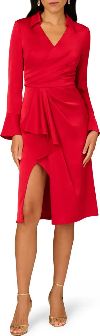 Aidan Mattox by Adrianna Papell Long Sleeve Faux Wrap Crepe Back Satin Midi Dress | Nordstrom | Nordstrom