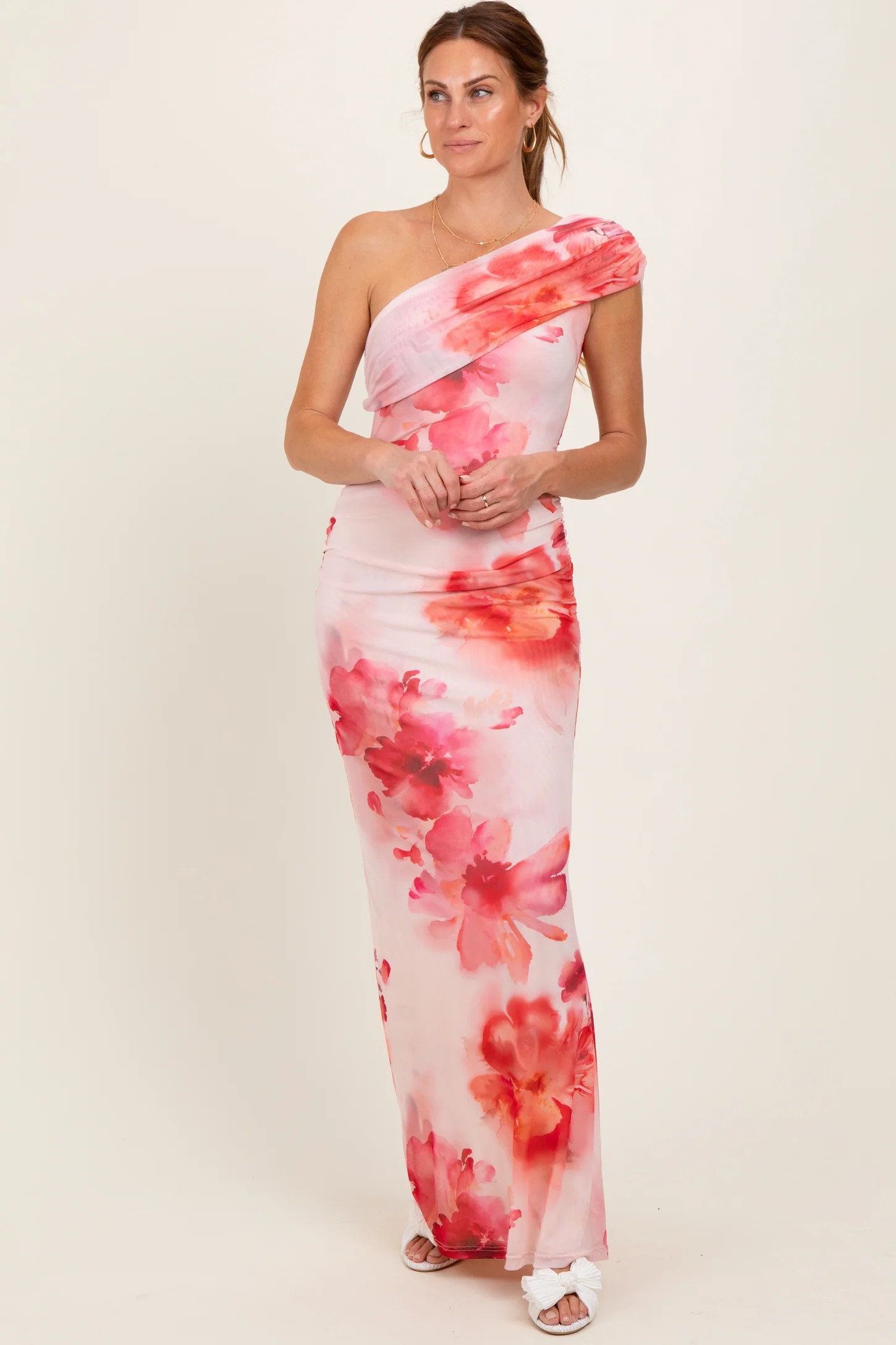 Light Pink Floral One Shoulder Ruched Maxi Dress | PinkBlush Maternity
