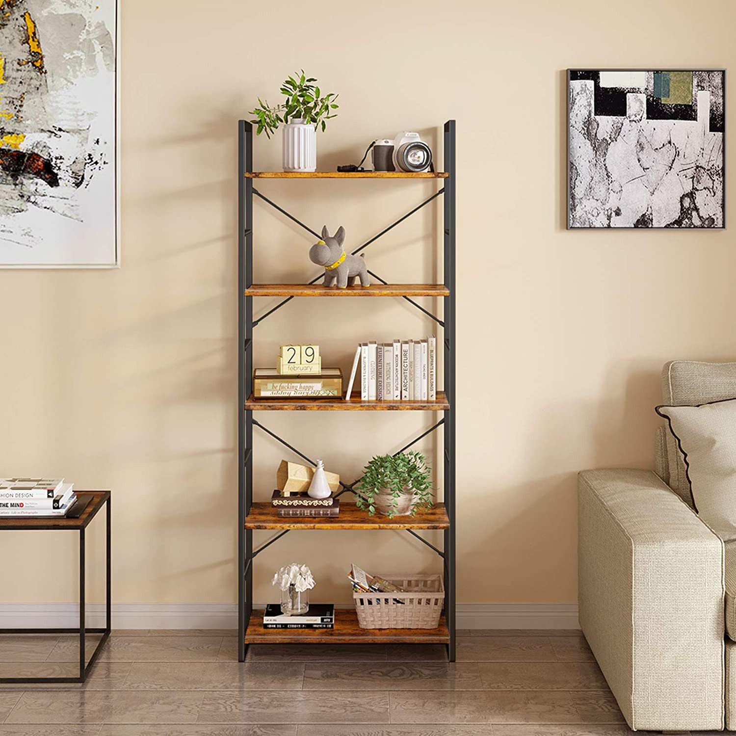 5 Tier Ladder Bookshelf, Industrial Open Bookcase Storage Organizer, Modern Tall Book Shelf for B... | Walmart (US)