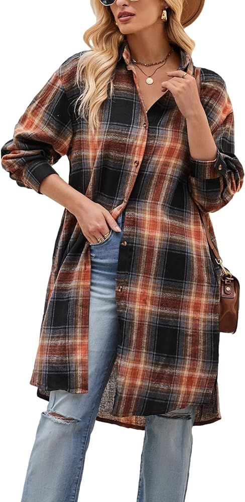 Oversized Flannel Shirts Women Button Down Long Sleeve Drop Shoulder Plaid Blouse Tops with Pocke... | Amazon (US)