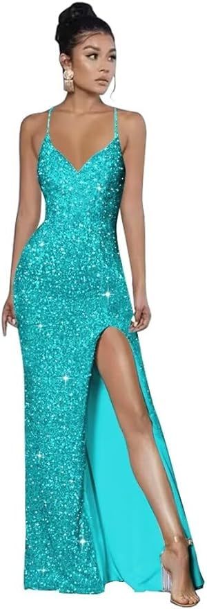 Spaghetti Straps Sequin Prom Dresses for Women 2024 V Neck Mermaid Formal Evening Gown with Slit ... | Amazon (US)