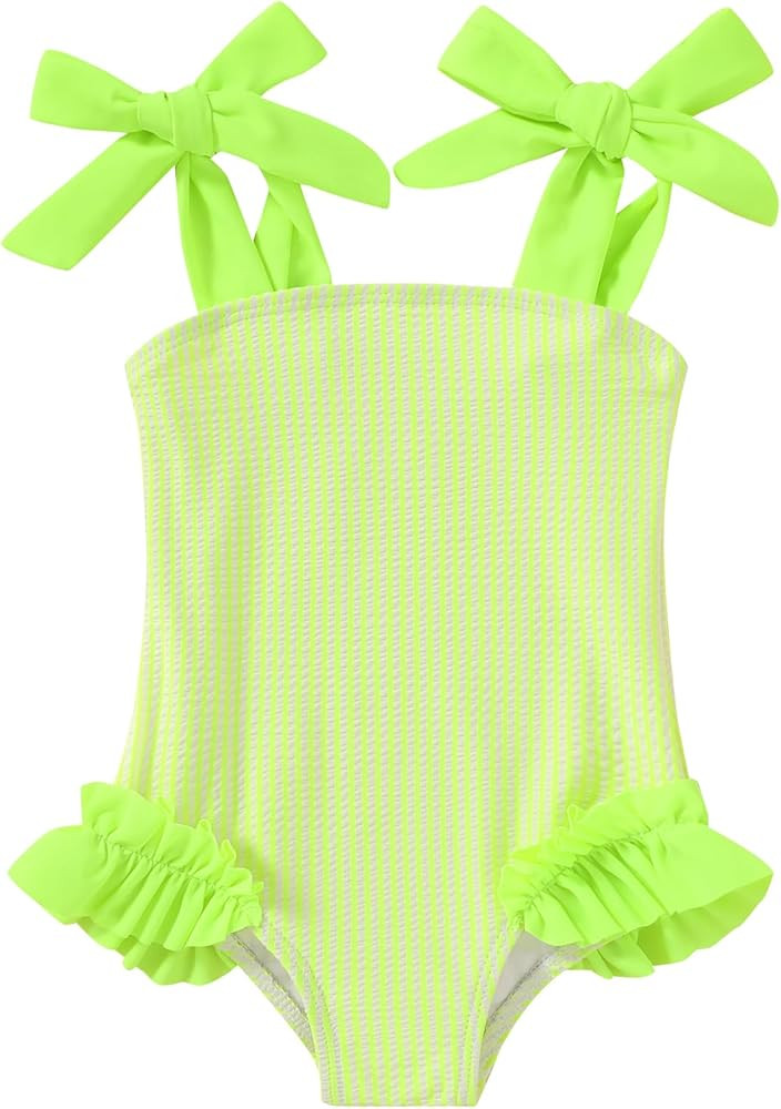 Happy Town Toddler Swimsuit Girl Solid Color Stripe One-Piece Baby Bathing Suits | Amazon (US)