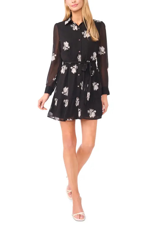CeCe Embroidered Floral Long Sleeve Mini Shirtdress in Rich Black at Nordstrom, Size Medium | Nordstrom