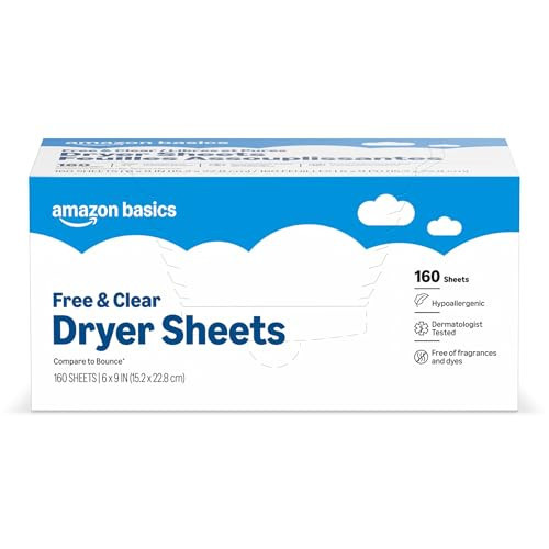 Amazon Basics Dryer Sheets Laundry Fabric Softener, Free & Clear, Hypoallergenic, Free of Fragrances, Softening Agent, Dermatologist Tested, 160 Count | Amazon (US)