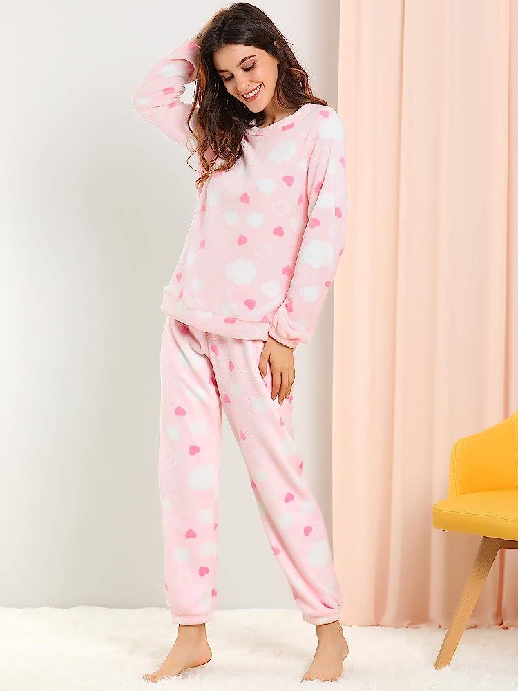 Allegra K Winter Flannel Pajama Sets for Women Cute Printed Long Sleeve Nightwear Top and Pants Loun | Amazon (US)