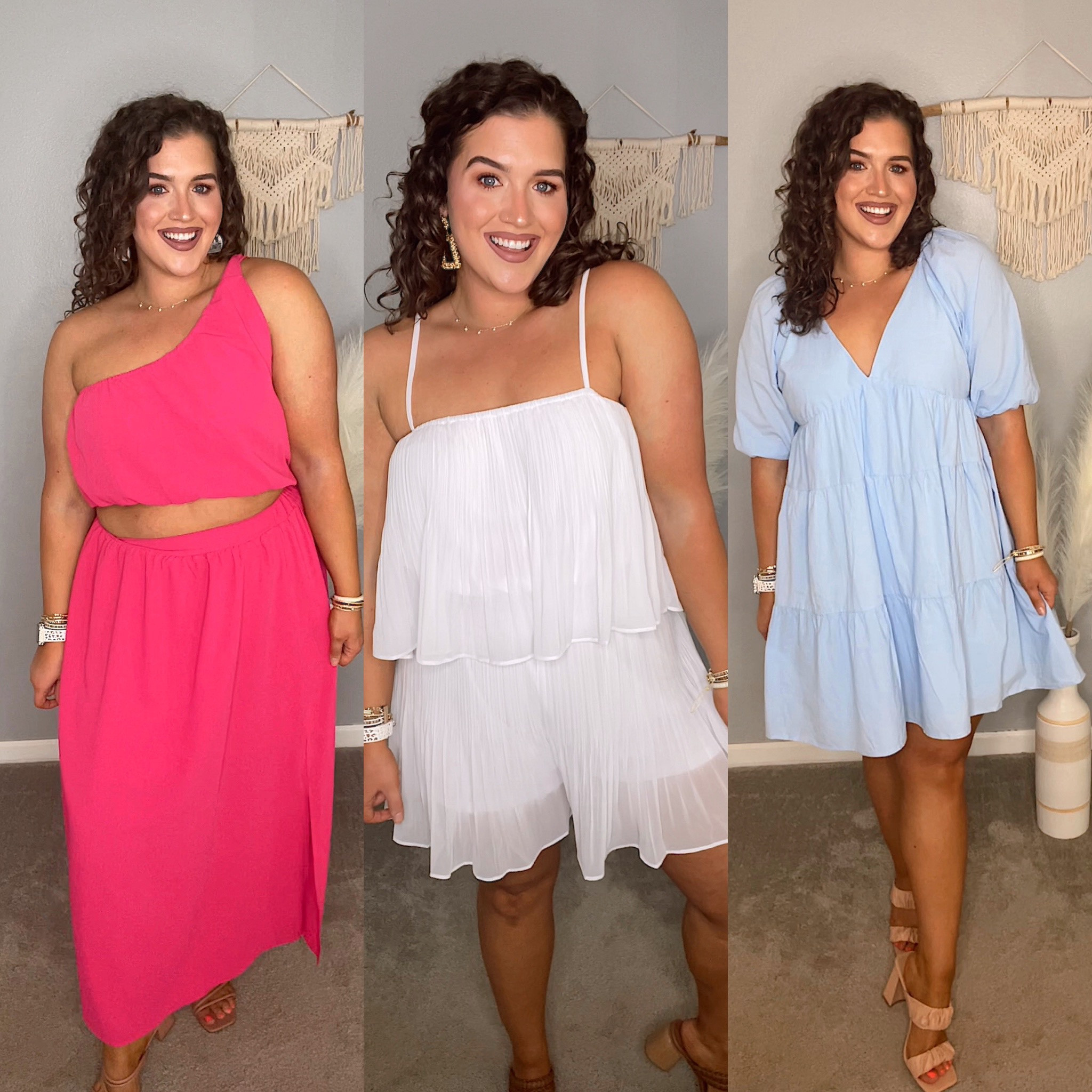 Curvy beach vacation outfits on Amazon 🏝️🌊☀️ 
Pink two-piece set: XL, can size down 
White romper: XL 
Blue dress: XL 
#midsizeoutfits #ootd #resortwear #vacationoutfits #beachoutfits #beachstyle #dresses #twopeiceset #matchingset #minidress #romper #maxiskirt #croptop #heels #affordablefashion 

#LTKcurves #LTKtravel #LTKSeasonal