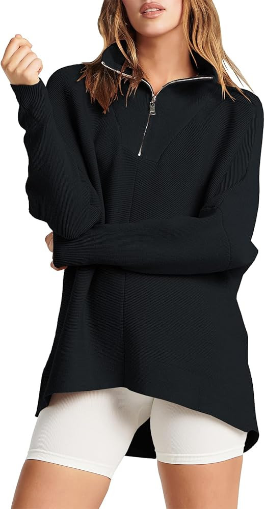 ANRABESS Women's 1/4 Zipper V Neck Collared Long Batwing Sleeve Oversized Slouchy High Low Knit T... | Amazon (US)