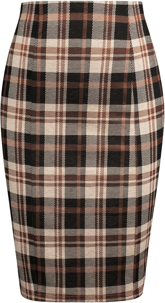 Kate Kasin Womens Knee Length Elastic Waist Stretchy Bodycon Plaid Business Pencil Skirt | Amazon (US)