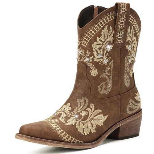 Rivalran Brown Cowboy Boots for Women - Western Cowgirl Boots With Classic Embroidered Sparkly Rhinestone, Pointed Toe Chunky Heel Pull on Short Booties, Ankle High Vintage Booties for Ladies Size 8.5 | Amazon (US)