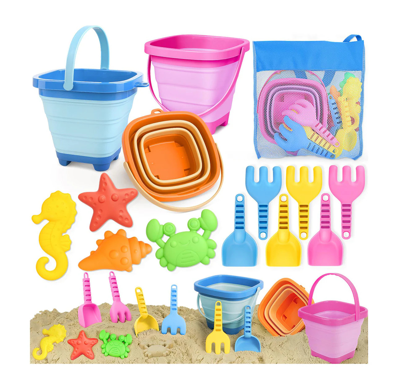 Misopily 3 Pack Collapsible Beach Sand Castle Toy Set for Kids 3-10 Includes Buckets Shovels Molds and Mesh Bag for Sandbox or Travel one_size | Lowe's