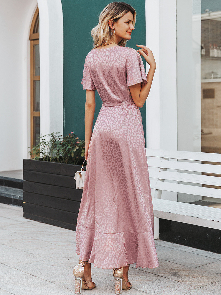 Simplee Leopard Asymmetrical Ruffle Hem Wrap Belted Satin Dress | SHEIN