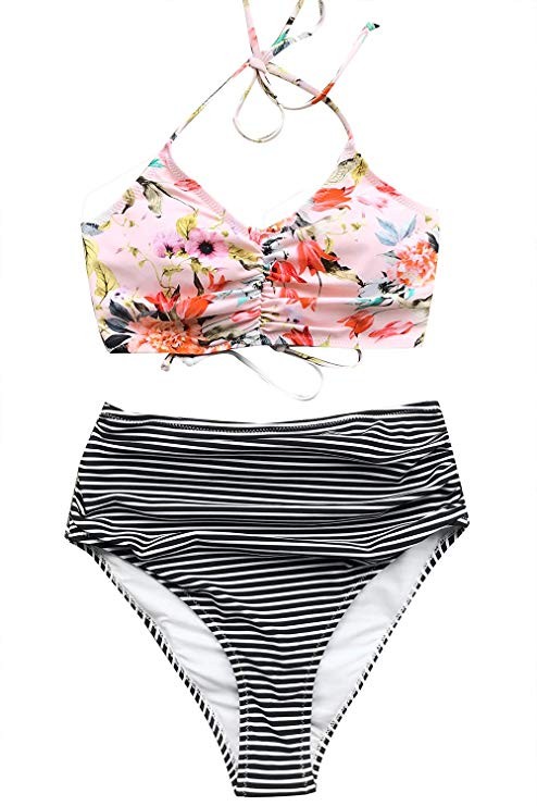 CUPSHE Women's This is Love High Waisted Lace Up Halter Bikini Set, Pink | Amazon (US)