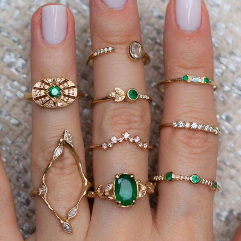 YERTTER Men 9 pcs Vintage Gold Ring Set Green Gem Rings Set Craved Rings Set Joint Knuckle Ring S... | Amazon (US)