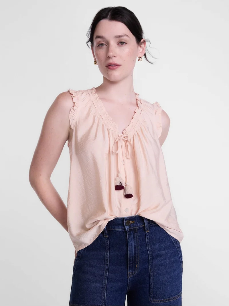 Scenario Women's and Women's Plus Ruffle Neck Tank Top with Tie Front, Sizes XS-4X | Walmart (US)