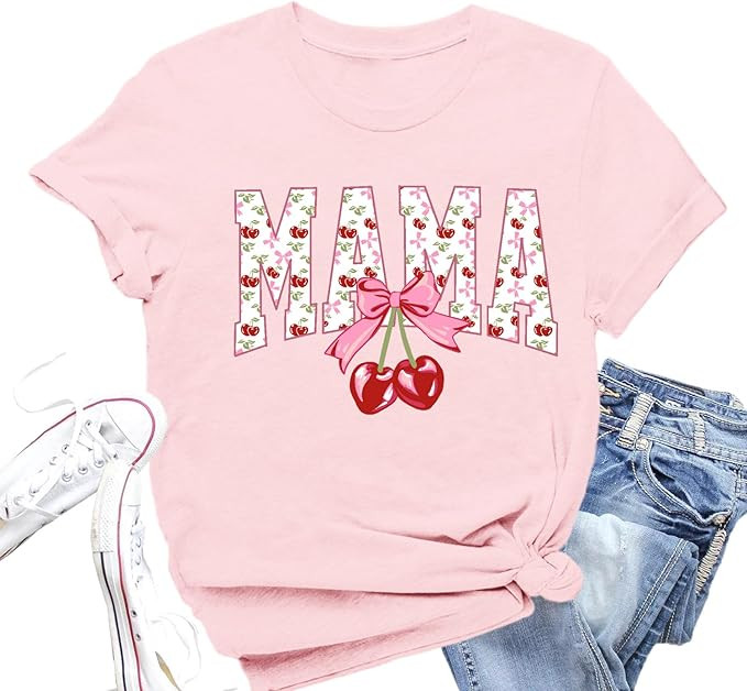 Mama Shirt for Women Mothers Day T-Shirt Cute Cherry Bow Graphic Mom Life Tee Tops | Amazon (US)