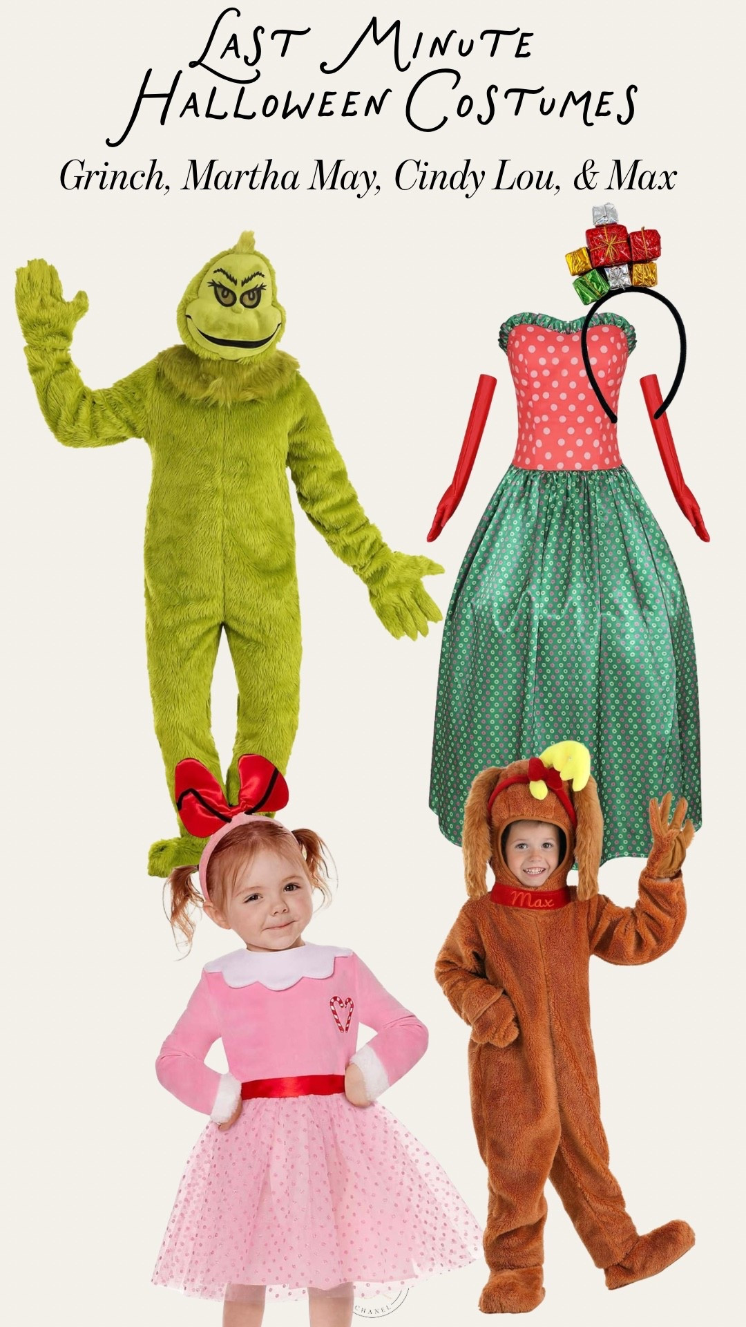 Last minute Halloween costumes: Grinch, Martha May, Cindy Lou, & Max!