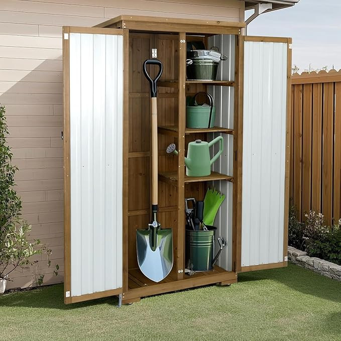 Outdoor Storage Cabinet with Shelf, Wood & Metal Storage Shed with Waterproof Roof & Lockable Doo... | Amazon (US)