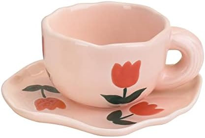 Koythin Ceramic Coffee Mug with Saucer Set, Cute Creative Cup Unique Irregular Saucer Design for ... | Amazon (US)