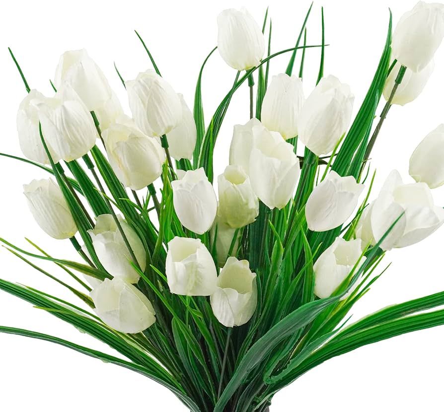 Ruidazon 6 Bundles Tulips Artificial Flowers,30 Heads Outdoor Artificial Tulip Faux Plastic Green... | Amazon (US)